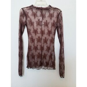 Sweet Generis Brown Floral Lace Sheer Mock Neck Top Lettuce Trim TP9602 New